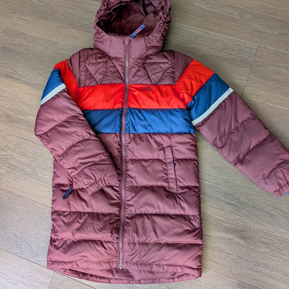L.L. Bean Kids Puffer Jacket in Red, Blue, and Brown